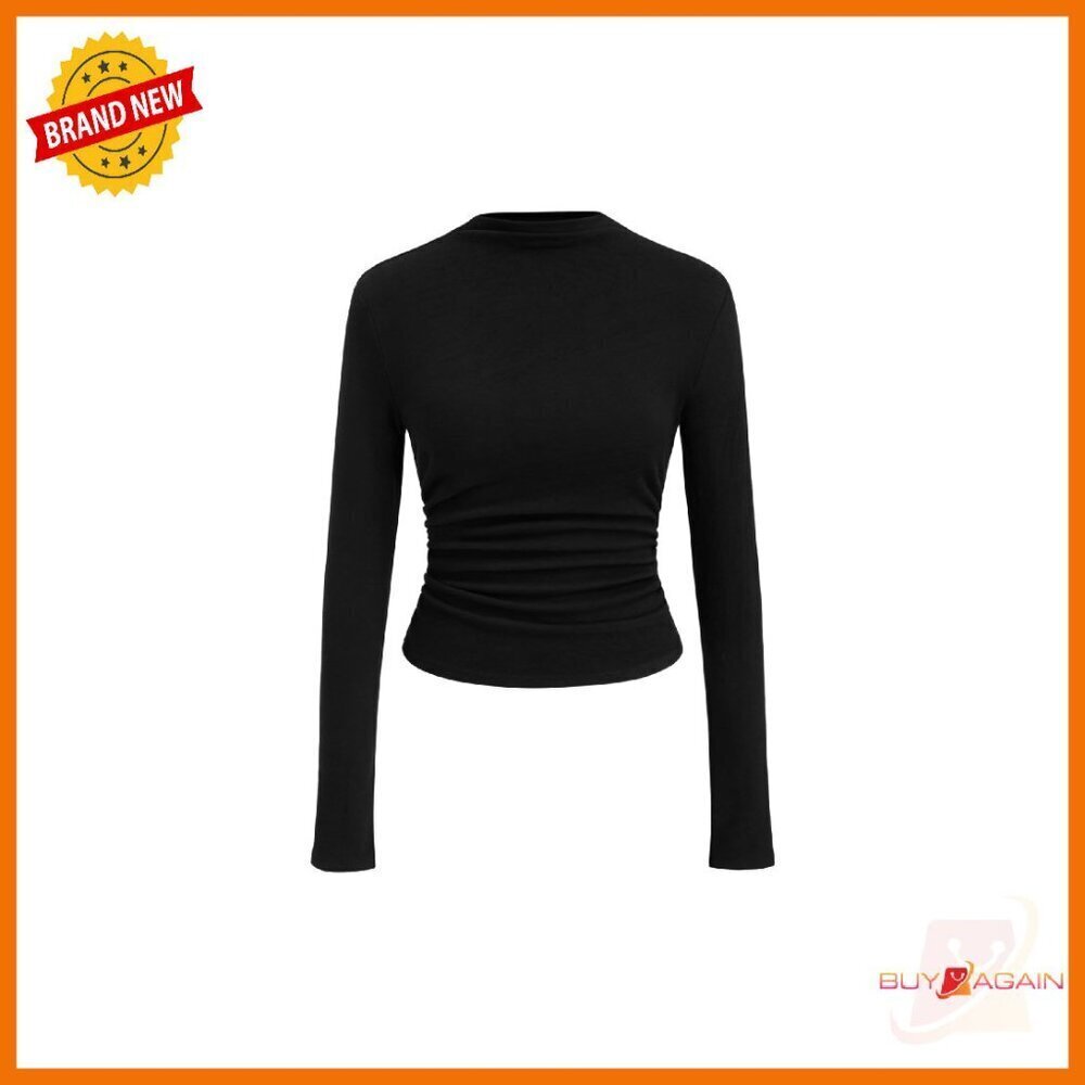 Mock Neck Thermal Top Long Sleeve Ruched Slim Fit Fall Basic Tee